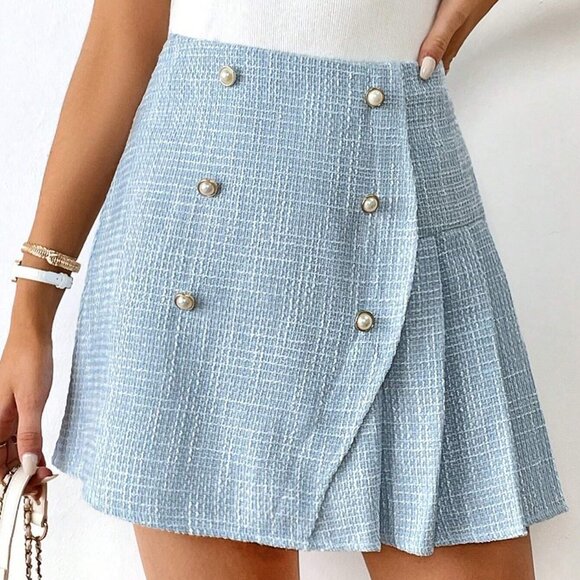 Light Blue Preppy Womens Pleated Fake Button Tweed Skirt - Picture 4 of 5